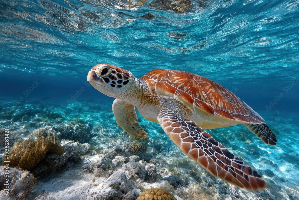 Fototapeta premium Sea Turtle Swimming in Clear Blue Ocean Water