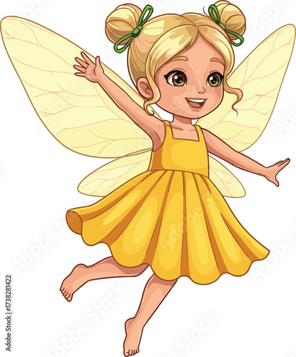 Cute fairy girl with blonde hair in yellow dress, flying with magical wings, joyful fantasy character illustration, adorable mystical artwork