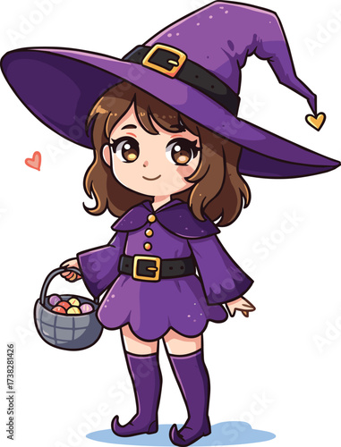 Cute little witch girl in purple costume with big hat, holding candy basket, adorable Halloween character illustration for festive design