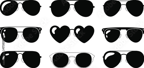 Tapet Set of Six Black Sunglasses Silhouettes, Retro Wayfarer, Cat-Eye, and Bold Frame