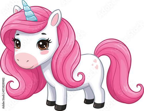 Cute magical unicorn cartoon illustration with pink hair, fantasy pony character design, adorable fairytale animal artwork, children clipart, dreamy vector drawing