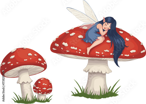 Magical fairy with long blue hair sleeping peacefully on giant red mushroom, fantasy enchanted forest illustration with wings and nature elements