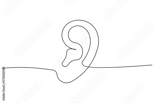 Minimalist continuous one line drawing of a human ear with sound waves, symbol of hearing, listening, and communication