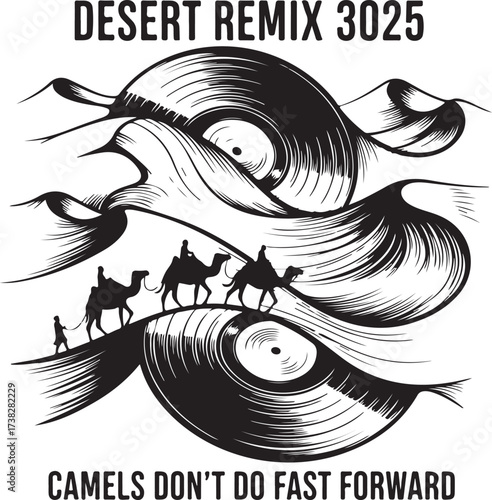 Desert landscape with camels and record waves striking silhouette on transparent background