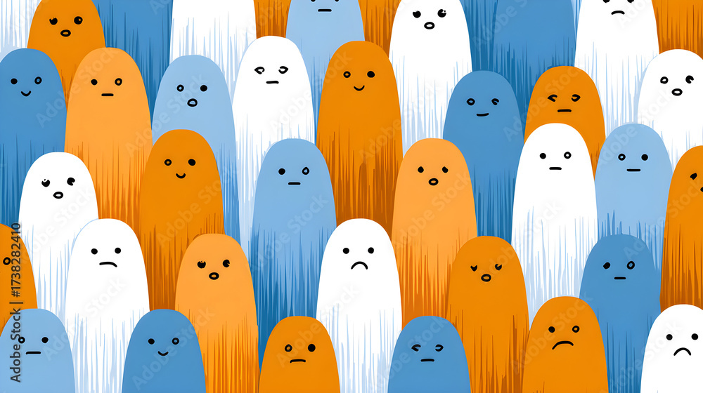 Flat vector ghost outlines repeating in symmetry, clean white canvas background, complementary palette orange-blue, golden ratio aligned icons, minimalist scalable stock