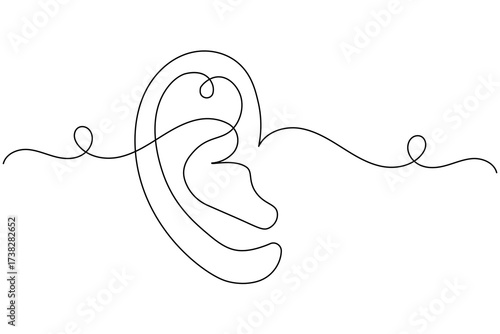 Minimalist continuous one line drawing of a human ear with sound waves, symbol of hearing, listening, and communication