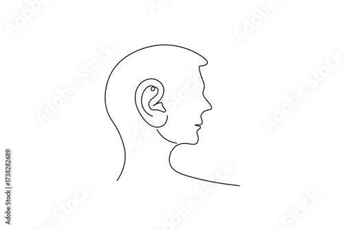 Minimalist continuous one line drawing of a human ear with sound waves, symbol of hearing, listening, and communication