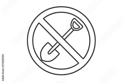 No digging linear icon. Shovel forbidden sign. Stop work symbol. Digging not allowed. Prohibited construction or gardening work. Restriction pictogram vector outline.