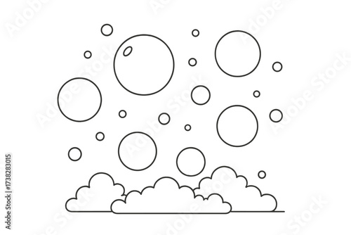 Simple line art vector illustration of soap bubbles and foam. Minimalist black and white drawing for concepts of cleaning, washing, hygiene, bath time, and laundry suds.