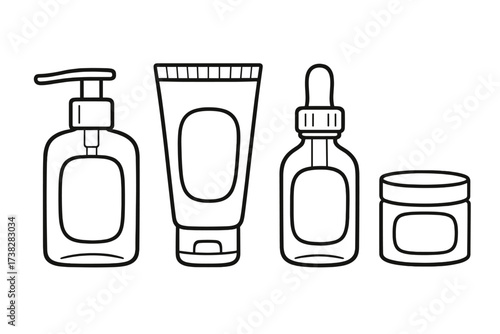 Cosmetic bottle line art set. Skincare beauty product packaging collection. Vector illustration of container, tube, jar, dispenser with dropper. Outline icon for cream, lotion, serum.
