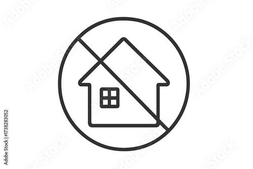 No house icon. Housing not allowed symbol. Forbidden entry sign. No trespassing on private property. Restricted area warning. Vector illustration for real estate, housing crisis.