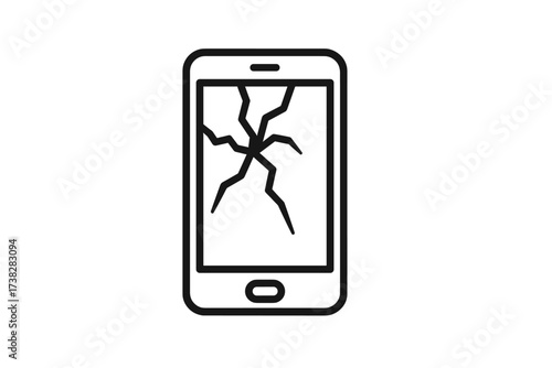 Broken phone icon with a damaged screen. Minimalist pictogram for mobile repair service. Cracked smartphone display symbol. Shattered glass vector illustration for web design.
