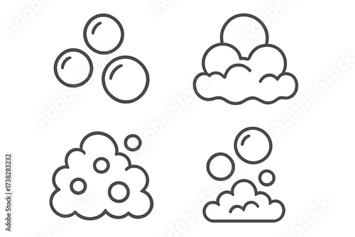 Bubble and foam line icon set. Soap suds vector. Clean water concept. Washing and hygiene symbol. Fizzy drink and effervescent effect. Minimalist outline illustration.
