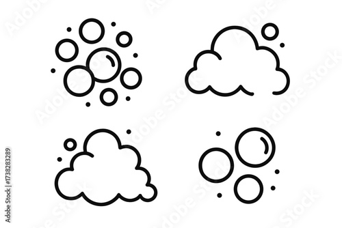 Soap bubble and foam line icon set. Suds, water, and cleaning concept. Fizzy, effervescent liquid symbol. Abstract circle and cloud shapes for graphic design. Vector illustration.