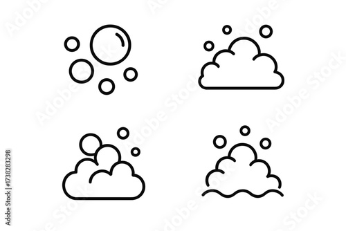 Bubble and foam linear icon set. Soap suds and lather vector symbols for cleaning. Simple outline illustration for soap, shampoo, and detergent. Effervescent fizz graphic.