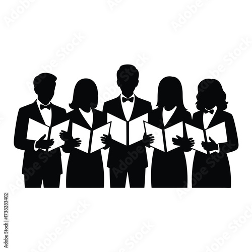Five person silhouette group singing together holding open books