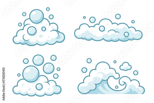 Vector cartoon set of blue soap foam and bubbles. Water suds and effervescent fizz effect. Cleaning, washing, or sea wave illustration. Liquid icon collection for design.