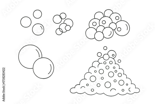 Bubble and foam line art vector icon set. Soap suds and fizzy water outline illustration. Clean, washing, and carbonated drink concept. Air and oxygen bubbles cartoon.