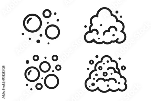 Bubble and foam line icon set. Simple vector pictograms for soap, suds, and water. Effervescent fizz effect. Graphic design elements for cleaning, washing, and hygiene.