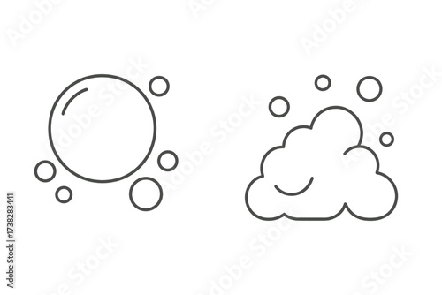 Set of bubble and foam icons. Thin line vector illustration for soap, suds, and washing. Clean water, fizzy pop, and carbonated drink symbols. Isolated cartoon elements.