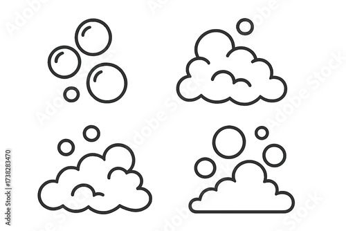 Soap foam and bubbles line icon collection. Vector graphic set for cleaning, laundry, and shampoo. Effervescent fizz and suds symbols. Cartoon illustration for design.