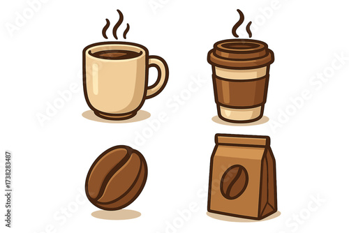 Coffee icon set vector illustration. Hot coffee mug, paper cup to go, bean and bag. Cafe menu element. Morning energy drink concept. Fresh espresso or cappuccino beverage.