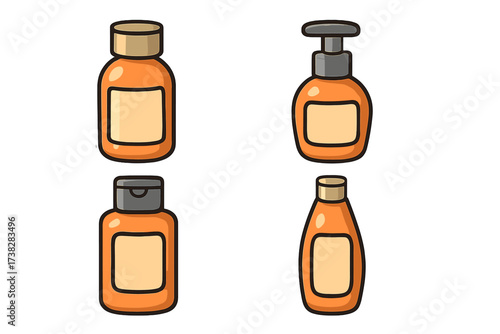 Orange cosmetic bottle icon set vector cartoon illustration transparent background beauty skincare product container pump dispenser screw cap flip top packaging design