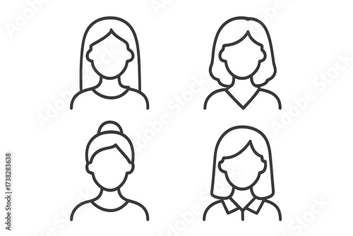 Set of female user profile avatars. Faceless woman head icon collection with various hairstyles. Anonymous people minimal line art for web, business team, social network cards.
