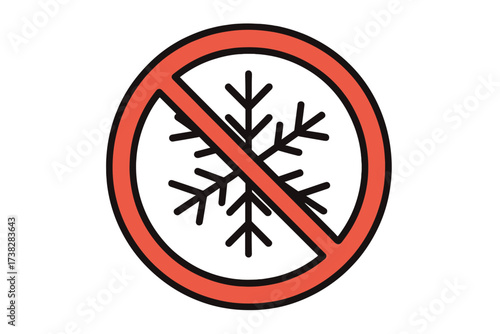 No snow vector sign. No cold weather icon. Anti-freeze symbol. Forbidden frost and ice warning. Global warming, climate change concept. Do not freeze sticker illustration.