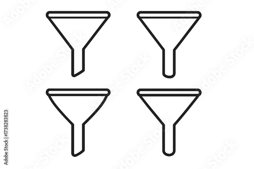 Vector funnel thin line icon set. Pictograms for sales funnel, marketing conversion, data filtering process. Lead generation and business data analysis symbol collection.