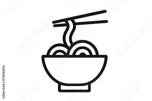 Noodle bowl with chopsticks line icon. Simple vector pictogram of Asian food. Concept for Japanese or Chinese restaurant menu. Minimalist ramen soup illustration for web.