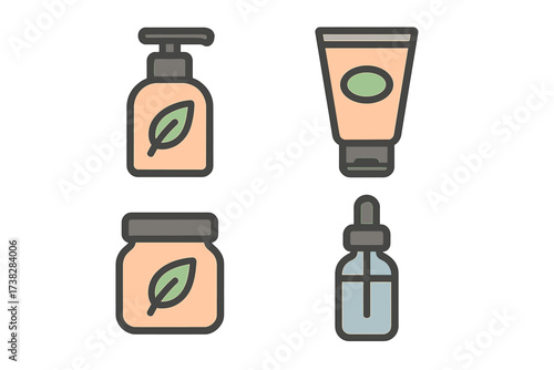 Natural cosmetic and skincare product packaging icon set. Line art illustration of a pump bottle, cream tube, jar, and serum dropper for organic beauty product concepts.