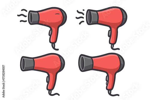 Hair dryer vector illustration set. Cartoon blow dryer icon collection for graphics and apps. Hair care, beauty salon, styling appliance concept. Isolated flat design element. Grooming.