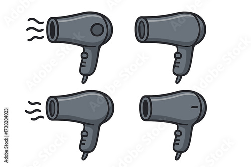 Hair dryer icon set vector illustration. Cartoon line art of a blow dryer for hairdressing, salon, and beauty concepts. Electric appliance for hair care and styling on isolated background.