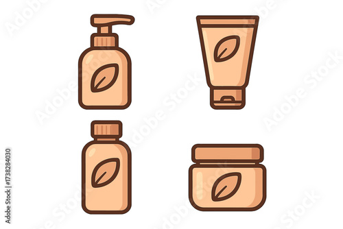 Natural cosmetic packaging set. Skincare beauty products. Line icon collection. Vector illustration of cream tube, lotion dispenser bottle, and jar for organic cosmetics.