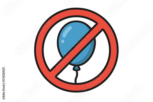 No balloons allowed sign. Prohibited vector icon for party and celebration. Warning symbol, forbidden area notice. Stop helium balloons. Flat cartoon illustration isolated.