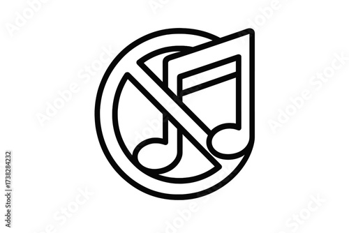 No music icon. Music prohibited symbol. Sound off, quiet please sign. Vector outline illustration for website, app, UI, UX design. Mute button pictogram. No noise zone.