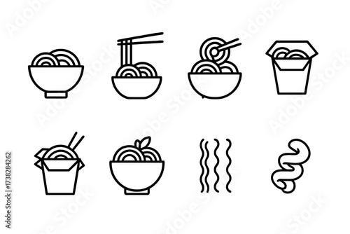 Noodle line icon set. Ramen, pasta, and soba vector pictograms. Chinese and Japanese food symbols. Minimalist outline icons for web design, apps, menus, and social media.