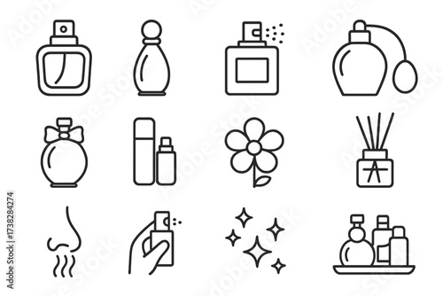 Perfume line icon set. Fragrance and cosmetic symbols. Vector collection of perfume bottles, spray, deodorant, flower, and aroma signs. Editable stroke for web and apps.