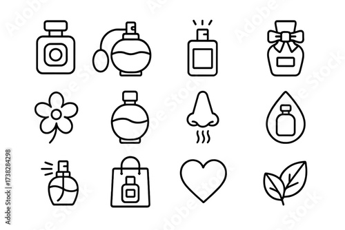 Fragrance and perfume line icons collection. Editable stroke vector symbols for cosmetics and beauty. Scent, aroma, spray bottle, flower, essential oil, and smell concepts.