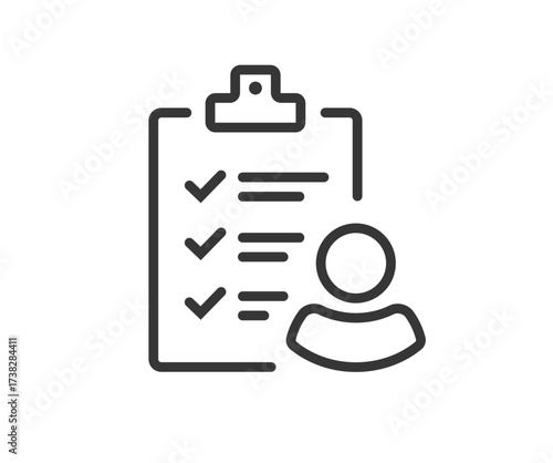 User account check list icon, line stroke outline person man with checklist tick document form graphic illustration simple thin linear design, personal exam test report assessment, customer management