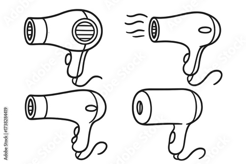 Hair dryer icon set. Vector line art collection of blow dryer signs. Hairdresser equipment symbol. Hairstyling tool concept. Beauty salon care graphic. Simple cartoon doodle.