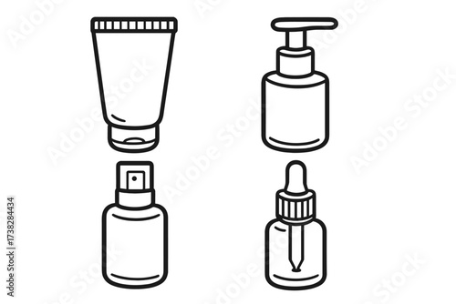 Cosmetic bottle icon set vector. Skincare packaging line art collection. Cream tube, lotion pump, serum dropper, and spray dispenser. Beauty product container outline symbols.