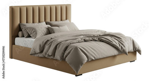 Isolated view of a beige upholstered bed with pillows and duvet ready for sleeping