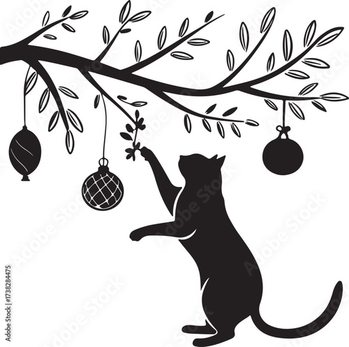 Vector silhouette of a curious cat playing with Christmas ornaments hanging from a branch