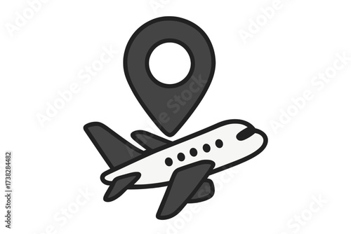 Plane travel location icon. Airplane flight destination marker. GPS navigation pin for travel apps. Vector illustration of aircraft and map point symbol for tourism business.