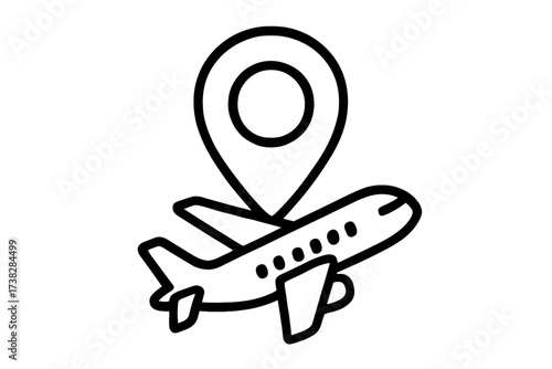 Airplane travel destination icon. Map pin pointer on a plane. Concept for flight tracking, gps navigation, journey route, tourism, logistics, booking and arrival. Simple vector.