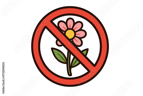 No flowers allowed sign. Do not pick the flowers icon. Forbidden symbol for nature protection, park rules, or allergy warning. Stop picking wildflowers. Vector prohibition sign.