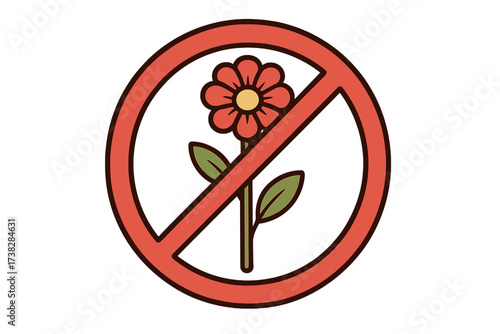 No flowers allowed sign. Do not pick flowers warning symbol. Vector icon for allergy, hay fever, and pollen sensitivity. Prohibited, forbidden, and stop concept illustration.
