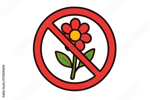 No flowers allowed sign. Allergy warning icon with a red forbidden circle. Do not pick flowers symbol. Prohibited concept for parks and nature. Vector cartoon illustration.